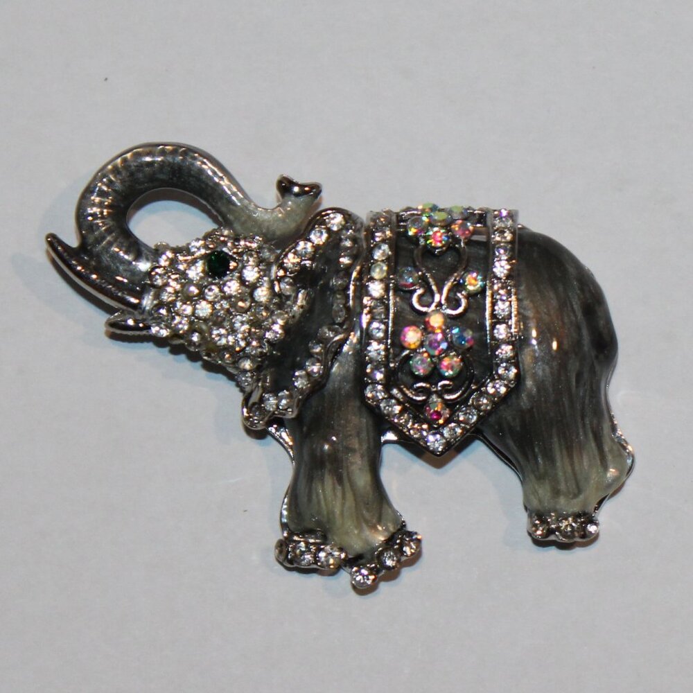gray bejeweled gray enamel elephant brooch pin rhinestones trunk up‎ marked EP